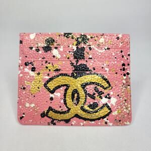 Anca Barbu Leather Credit Card Holder Wallet Hand Painted Pink Gold Black CC